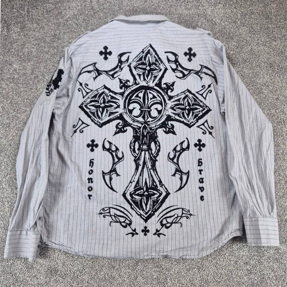 Raw State Button Up Shirt Mens XL Velvet Cross Grunge Redemption‎ Gray Y2K